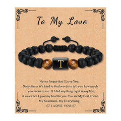 Bead Bracelet for Mens Gifts Black Agate Stone Bracelet With Initial