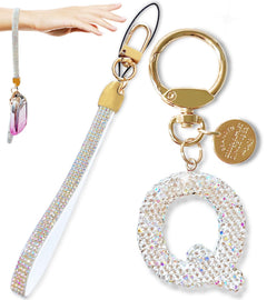 Initial Letter Keychain for Women Girls Bling Sparkly Backpack Key chain Car Key Accessories with Wristlet and Key Ring