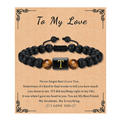 Bead Bracelet for Mens Gifts Black Agate Stone Bracelet With Initial