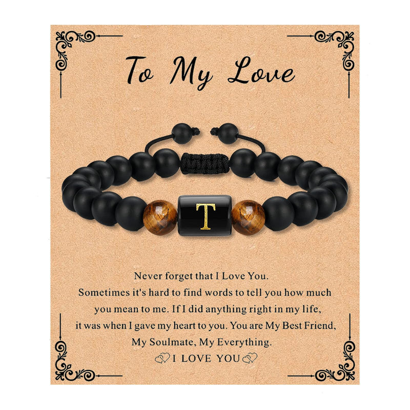 Bead Bracelet for Mens Gifts Black Agate Stone Bracelet With Initial