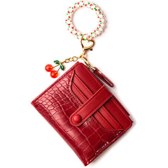 HONYJOOM Wristlet Bracelet Keychain Wallet with Cherry Key chain Women Card Holder Purse with Flexible Wrist Bracelet Girls Small Wallet Keychains
