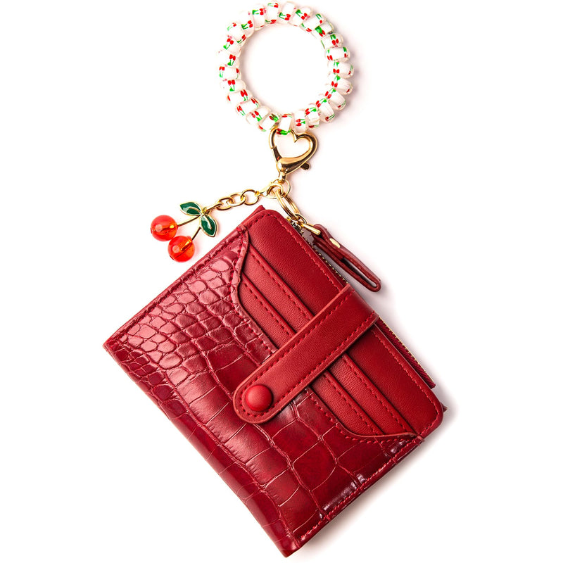 HONYJOOM Wristlet Bracelet Keychain Wallet with Cherry Key chain Women Card Holder Purse with Flexible Wrist Bracelet Girls Small Wallet Keychains